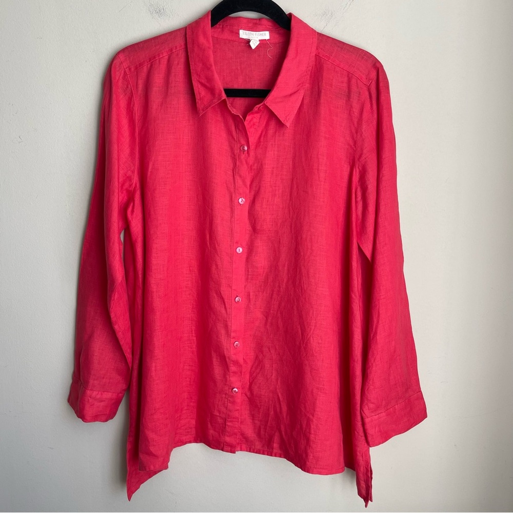 Eileen Fisher Organic Linen Coral Button-Up Blouse‎ Women's Petite Large